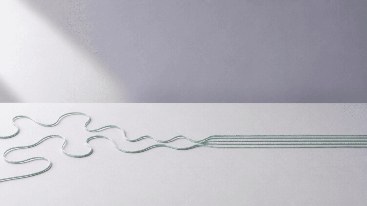 A single mint thread meandering loosely at the left and straightening into ordered parallel lines toward the right
